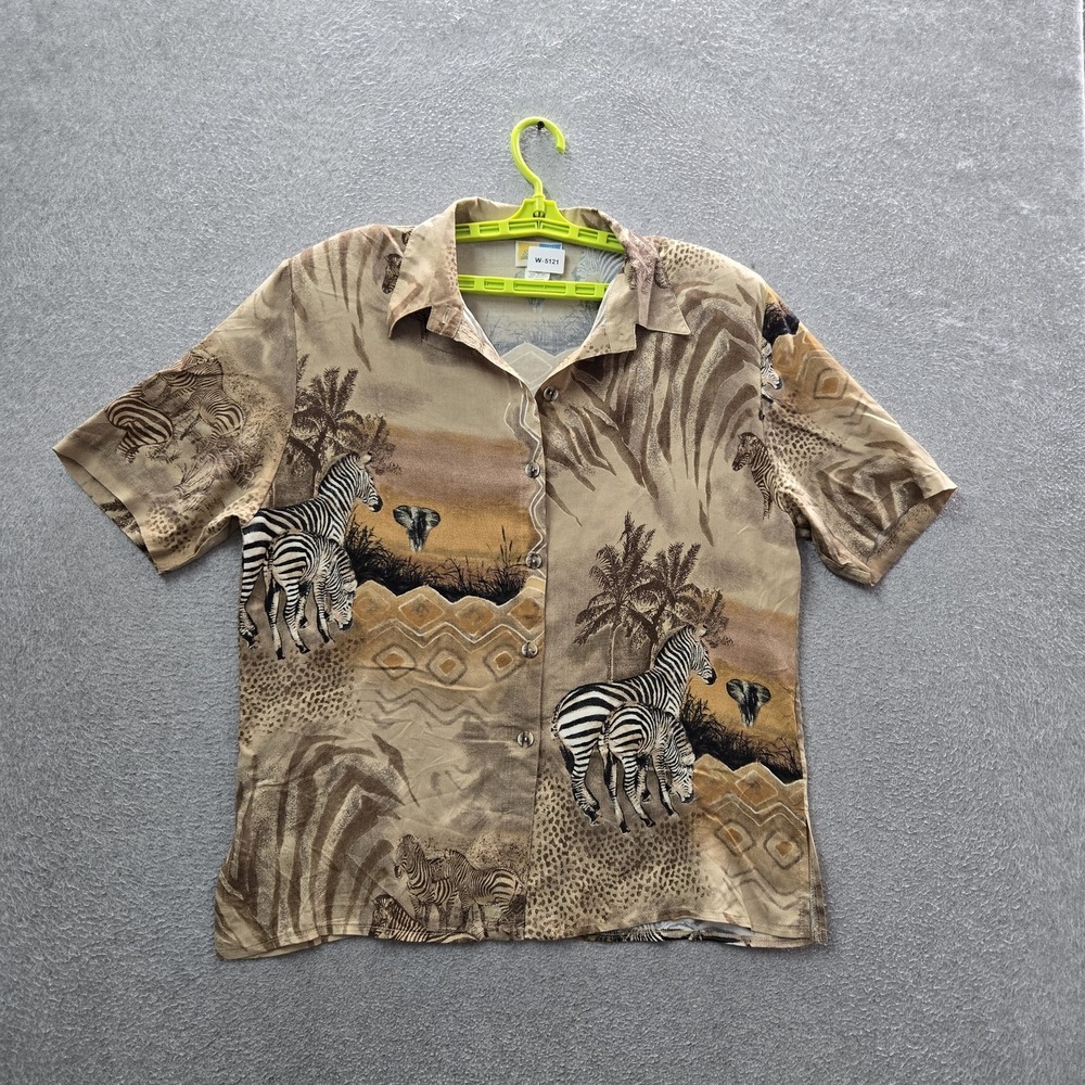 VINTAGE Sea Suns Women Button‎ Up Shirt L Brown Animal Zebras Safari Hawaiian